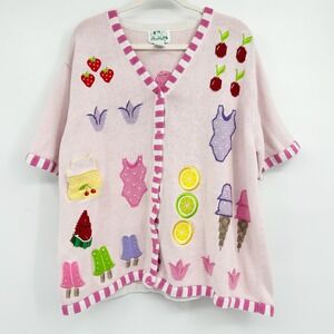 The Quacker Factory Pink Embroidered Summer Kitschy Novelty Cardigan Sweater 2X